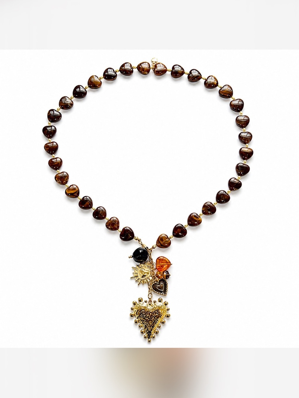 Gold plated Heart Pendant Necklace with Brown Beaded Chain